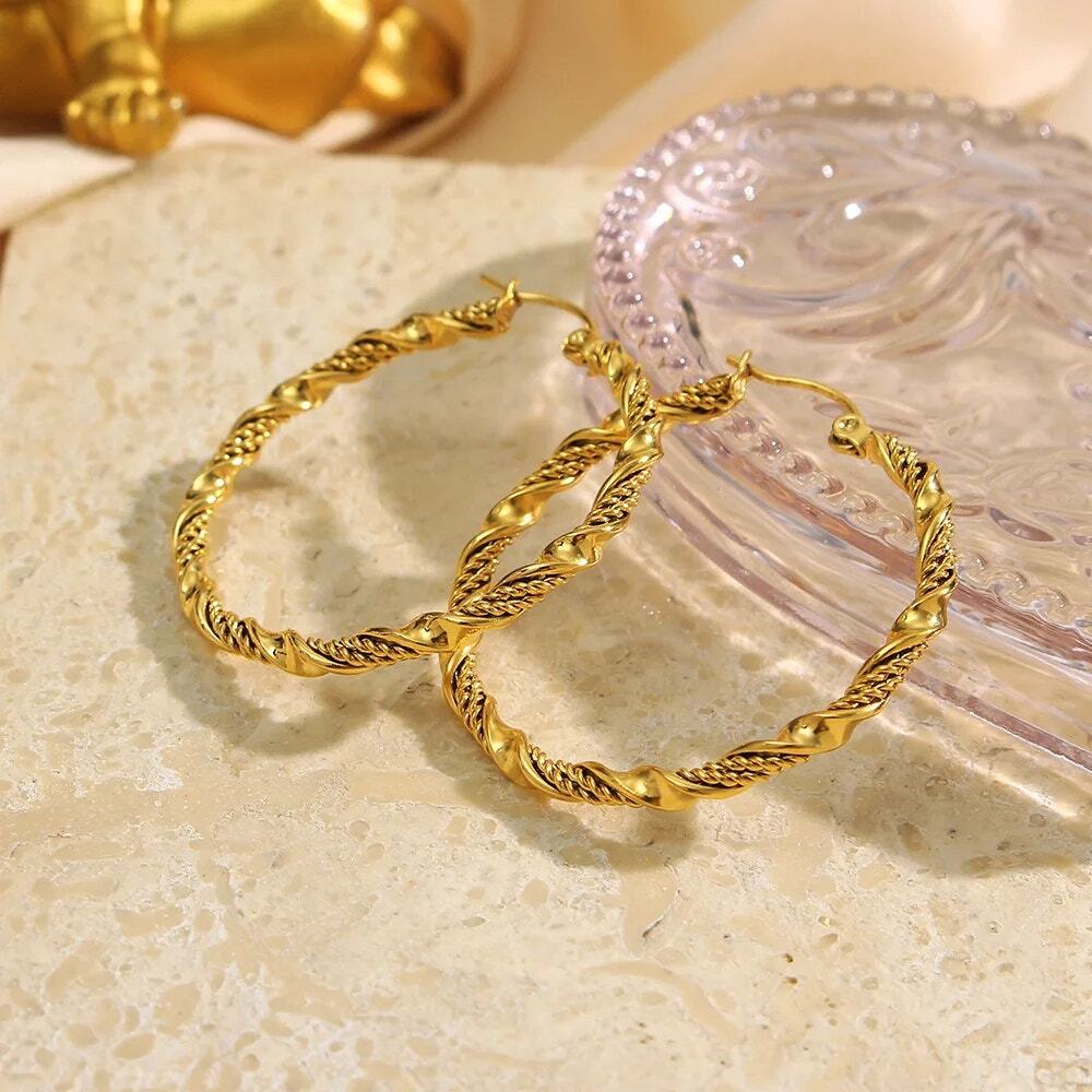 Large Twisted 18K Gold-Plated Hoop Earrings - Picture 6 of 11
